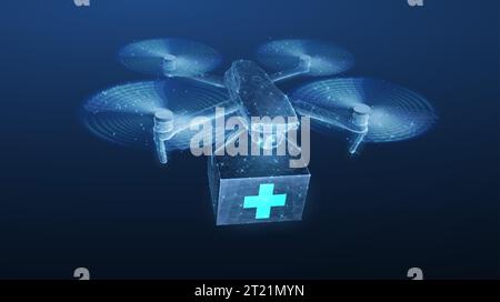 Drone and box with medical cross. Abstract 3d future medicine concept. Stock Vector