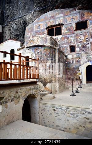 The Orthodox monastery of Sumela, built on a cliff overlooking the Altindere valley at 1200 meters above sea level, is located in the Maçka region Stock Photo