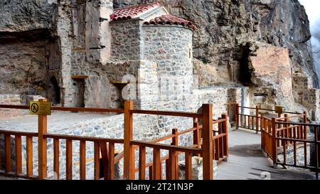 The Orthodox monastery of Sumela, built on a cliff overlooking the Altindere valley at 1200 meters above sea level, is located in the Maçka region Stock Photo