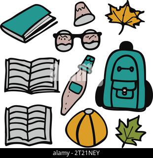 School and education doodles hand drawn vector symbols and objects. Colorful sticker style drawings. Teacher's day, Stock Vector