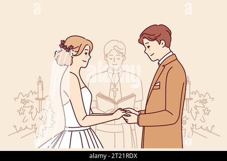 Bride and groom on altar, hold hands and listen to speech of priest during wedding ceremony in church. Wedding ceremony with man and woman, want to create new family for living together Stock Vector