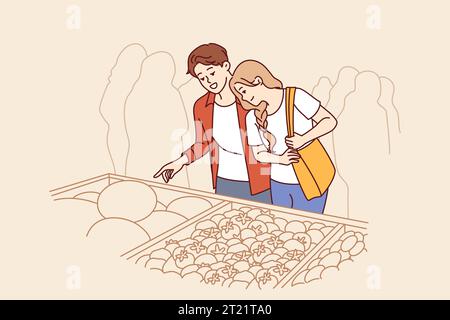 Man and woman do shopping at market and stand near crates of vegetables at farmers fair. Happy couple chooses organic vegetables and fruits to cook delicious food with eco ingredients Stock Vector