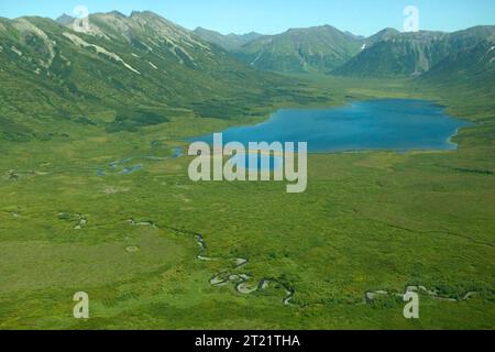 Classic U-shaped valley carved from retreating glacier. Subjects: Aerial photography Photograph; Physical Geography; Glaciers; Glacier; Scenics; Landscapes; Mountains; Valleys; Lakes; Togiak National Wildlife Refuge; Alaska.  . 1998 - 2011. Stock Photo