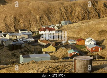 Aerial view of a village on Atka Island, one of the Aleutian Islands. Subjects: Villages; Buildings, facilities and structures. Location: Alaska. Fish and Wildlife Service Site: Alaska Maritime National Wildlife Refuge.  . 1998 - 2011. Stock Photo