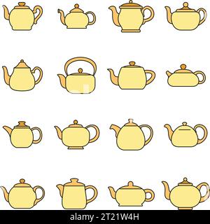 Kettle teapot icons set. Outline illustration of 16 kettle teapot vector icons thin line color flat on white Stock Vector