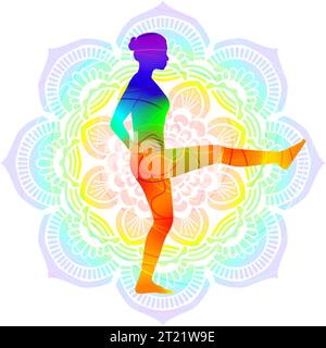 Colorful silhouette of Utthita Hasta Padangushthasana C. One Legged Mountain pose. Isolated vector illustration on Mandala background. Stock Vector