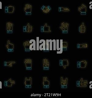 Gesture icons set. Outline illustration of 25 gesture vector icons neon color on black Stock Vector