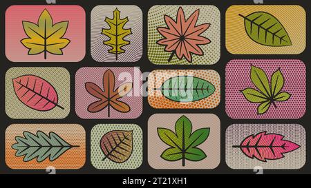 Set of leaves with halftone patterns and colours. Brutalist style Stock Vector