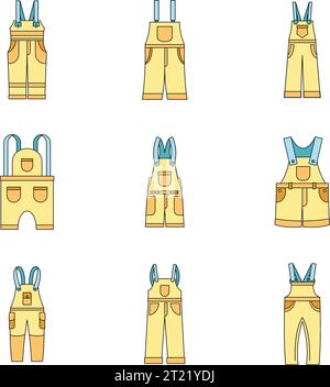 Overalls workwear icons set. Simple illustration of 9 overalls workwear vector icons thin line color flat on white Stock Vector