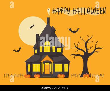 Halloween house in flat vector cartoon style with tree, ghost and jack-o-lantern pumpkins and cute characters. Orange moon night Stock Vector
