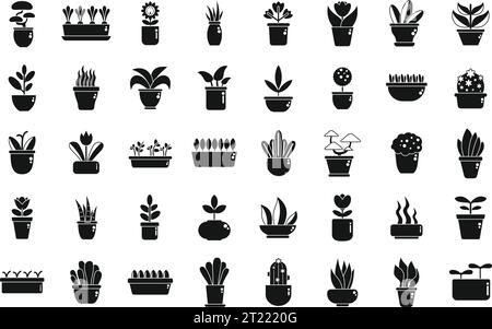 Garden on a windowsill icons set simple vector. Apartment blossom plant. Agriculture herb Stock Vector