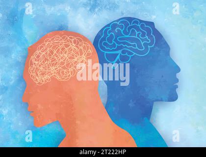 Metaphor bipolar disorder mind mental. Double face with tangle and untangle brain. Split personality. Mood disorder. 2 Head silhouette. Psychology. Stock Vector