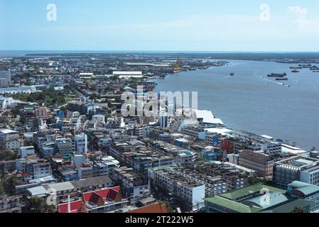 Samut Prakan, Thailand - September 3, 2023: a view of the city, the Chao Phraya River's mouth and Gulf of Thailand on horizon from Samut Prakan Tower. Stock Photo
