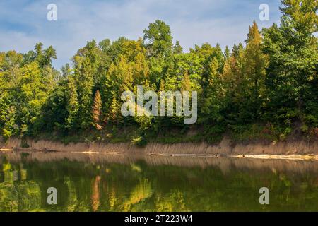 Early autumn foliage and exposed river banks at winter pool on the Cumberland River, Tennessee Stock Photo
