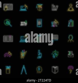 Homework study school icons set. Outline illustration of 25 homework study school vector icons neon color on black Stock Vector