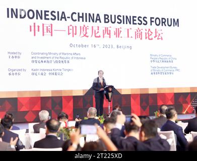 Beijing, China. 16th Oct, 2023. Indonesian President Joko Widodo attends and delivers a speech at a China-Indonesia business forum in Beijing, capital of China, Oct. 16, 2023. Credit: Ding Haitao/Xinhua/Alamy Live News Stock Photo