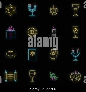 Chanukah jewish holiday icons set. Outline illustration of 16 chanukah jewish holiday vector icons neon color on black Stock Vector