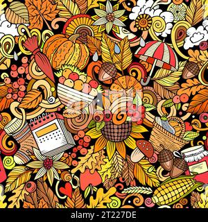 Cartoon doodle seamless pattern features a variety of autumn objects and symbols. Whimsical playful colorful background for print on fabric, greeting Stock Vector