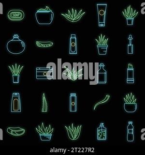 Aloe vera plant logo icons set. Outline illustration of 25 aloe vera plant logo vector icons neon color on black Stock Vector