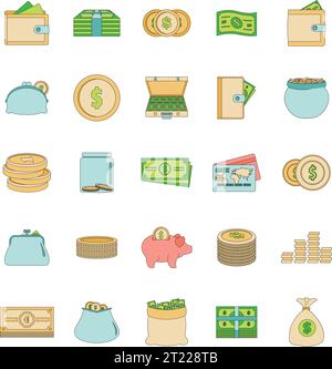 Money types icons set. Outline illustration of 25 money types vector icons thin line color flat on white Stock Vector