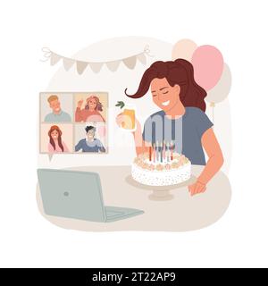 Birthday party isolated cartoon vector illustration. Smiling teenagers having virtual birthday celebration, blowing candels remotely, friends on screen divided in squares vector cartoon. Stock Vector
