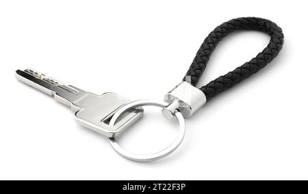 Key with black leather keychain isolated on white Stock Photo