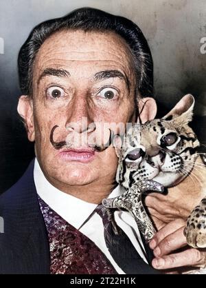 Salvatore Dali, head and shoulders portrait with his pet ocelot, Babou, St. Regis Hotel, New York City, New York, USA, Roger Higgins, New York World-Telegram and the Sun Newspaper Photograph Collection, 1965 Stock Photo