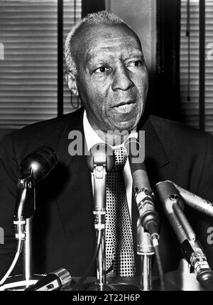 A. Philip Randolph (1889-1979), American labor unionist and civil rights activist, head and shoulders portrait at microphones during press conference, Ed Ford, New York World-Telegram and the Sun Newspaper Photograph Collection, 1964 Stock Photo