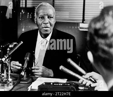 A. Philip Randolph (1889-1979), American labor unionist and civil rights activist, half-length portrait at microphones during press conference, Ed Ford, New York World-Telegram and the Sun Newspaper Photograph Collection, 1964 Stock Photo