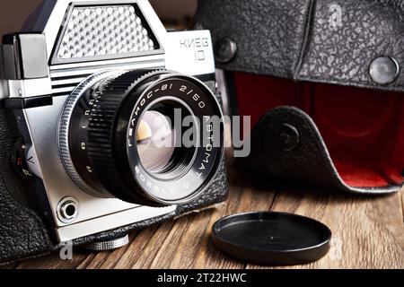 Moscow , RUSSIA - May 26, 2020: Old vintage russian soviet photo camera Kiev-10 and black leather case Stock Photo