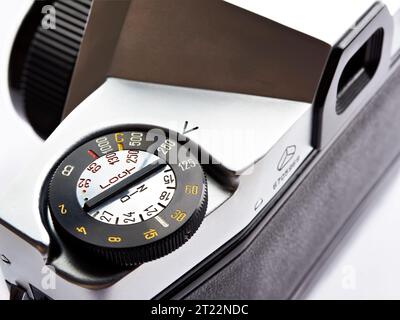 Moscow , RUSSIA - May 26, 2020: Shutter speed and sensitivity dial old vintage russian soviet photo camera Kiev-10 Stock Photo