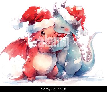 Christmas cute little 2 dragons hugging in watercolor style on white background Stock Vector