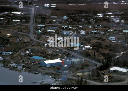 Aerial view of Bethel in the summer. Picture taken. Subjects: Villages; Wildlife refuges; Yukon Delta National Wildlife Refuge area; Aerial photography photography; Alaska.  . 1998 - 2011. Stock Photo