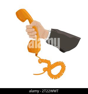 Businessman hand holding telephone receiver. Handset in men arm. Contact center or urgent call concept. Talking with service support hotline. Vector Stock Vector