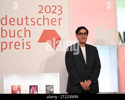 16 October 2023, Hesse, Frankfurt/Main: Austrian author Tonio Schachinger wins the German Book Prize 2023 for his novel 'Endzeitalter. The prize for the best German-language novel of the year is awarded annually at the start of the Frankfurt Book Fair. Photo: Arne Dedert/dpa Stock Photo