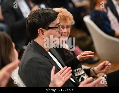 16 October 2023, Hesse, Frankfurt/Main: Austrian author Tonio Schachinger wins the German Book Prize 2023 for his novel 'Endzeitalter. The prize for the best German-language novel of the year is awarded annually at the start of the Frankfurt Book Fair. Photo: Arne Dedert/dpa Stock Photo