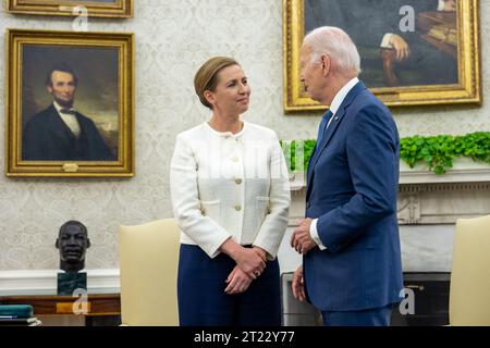 President Joe Biden meets with Prime Minister of Denmark Mette Frederiksen, Monday, June 5, 2023, in the Oval Office of the White House. Stock Photo