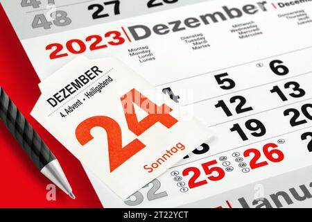 German calendar 2023 December 24  Advent Christmas Eve  and Monday Tuesday Wednesday Thursday Stock Photo