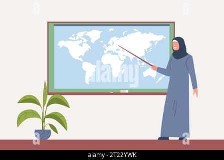 Arab female teacher in hijab stands with pointer near blackboard in her classroom. Earth map on black board, woman with pointer teaching geography Stock Vector