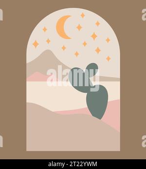 Boho boho logo cactus in minimal style. Landscape, cactus logo design templates in boho color, geometric abstract design for decoration. Stock Vector