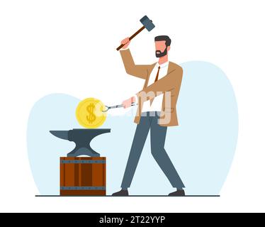 Businessman forges money on anvil. Employee or entrepreneur make coins. Profit and income. Investment and cryptocurrency mining, blacksmith forging Stock Vector