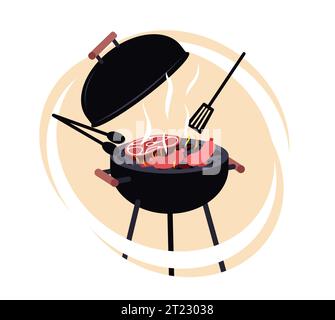 Cooking steak on grill. Cooking equipment for meat products with rack, barbecue party or menu decoration. Sausages and burgers on fire. BBQ meal Stock Vector