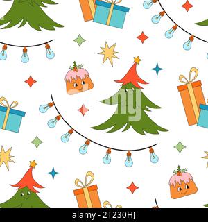 Merry Christmas groovy seamless pattern. Collection of hippie holiday winter elements in trendy old animation style. Groovy Christmas pattern. Stock Vector
