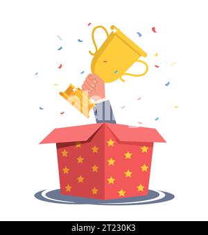 Hand with gold cup sticks out of open red gift box with golden stars, falling confetti on background, competition winner award, surprise present Stock Vector