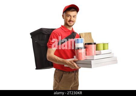 Food delivery guy with a bag on his back holding many boxes isolated on white background Stock Photo