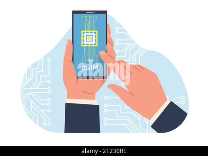 Hands holding cell phone with an eSIM chip. Embedded sim card on smartphone. New digital technology. Cellphone with integrated circuit card. Cartoon Stock Vector