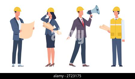 Recruitment of engineers, builders, architects and surveyors. Human resources service, worker professionals in helmets, job vacancies for construction Stock Vector