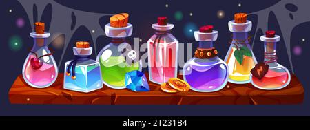 Potion bottles on wooden shelf. Alchemist or witch magic elixirs in different glass jars, gui inventory elements, game witchcraft liquids, gem stone Stock Vector