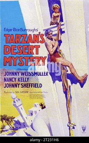 Poster Art for TARZAN'S DESERT MYSTERY 1943 starring JOHNNY WEISSMULLER and JOHNNY SHEFFIELD Director WILHELM THIELE Based on the character created by EDGAR RICE BURROUGHS Music PAUL SAWTELL RKO Radio Pictures Stock Photo