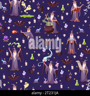 Seamless pattern with witches and magic. Wizard with potion or casts spells. Decor textile, wrapping paper, wallpaper design. Halloween print for Stock Vector